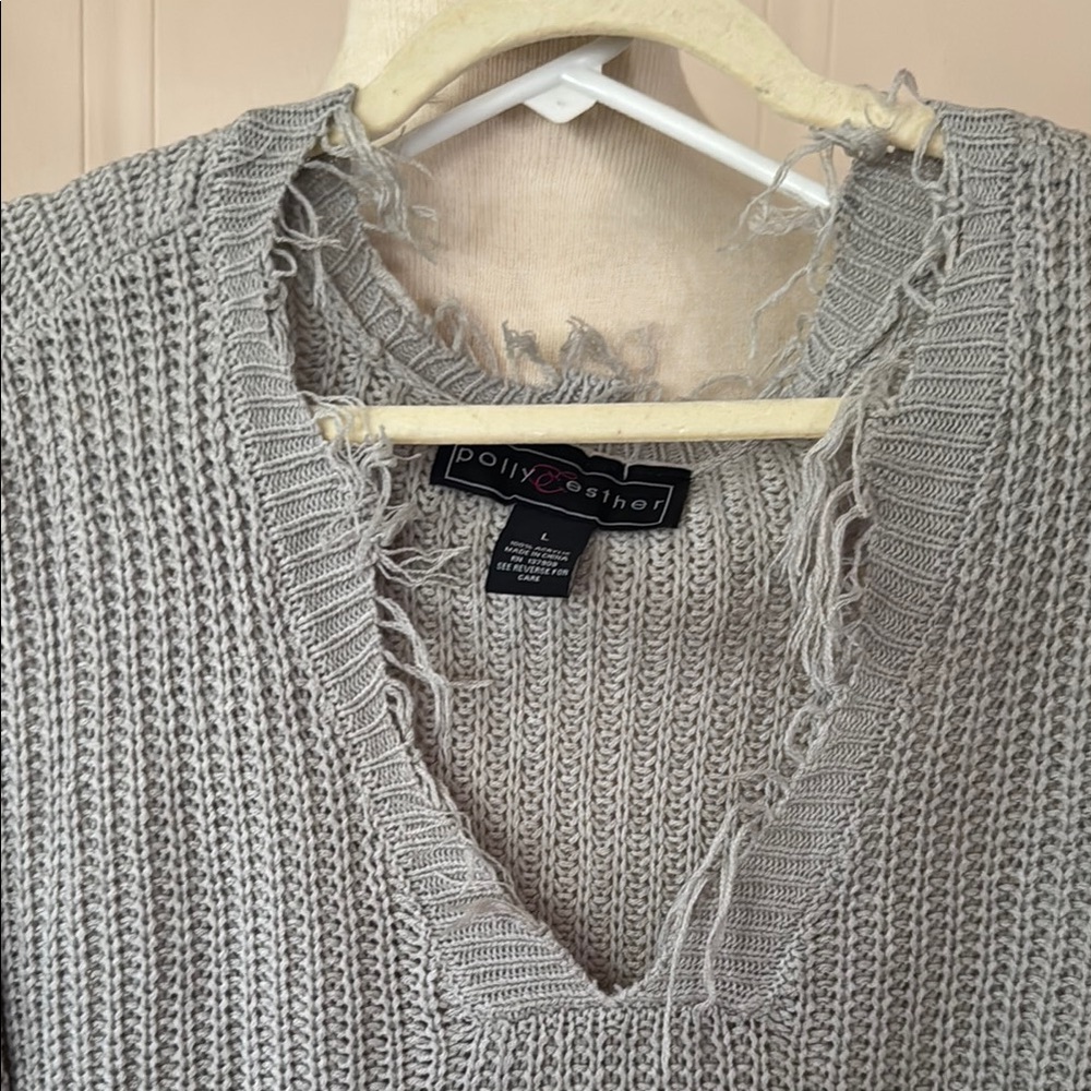 Polly & Esther Gray V-Neck Sweater with Distressed Hem - Picture 2 of 9